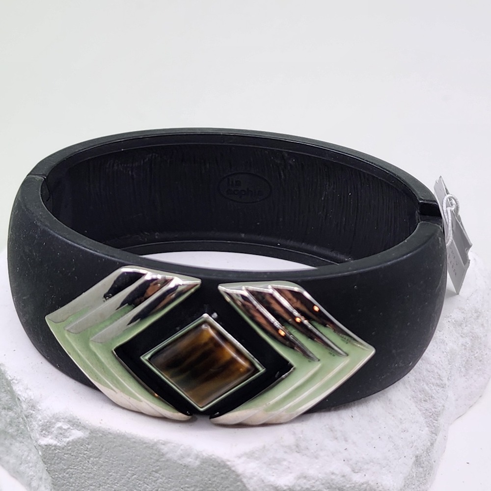Lia Sophia Black Wide Bangle Bracelet Tiger's Eye Cabochon Silver Tone Geometric